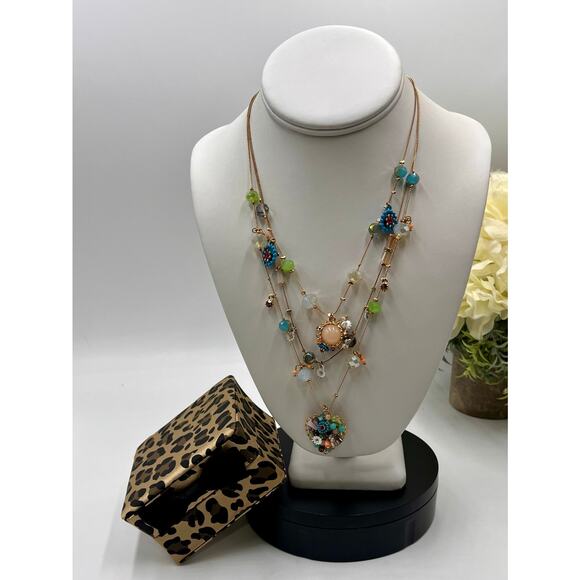 Betsey Johnson MultiStrand Bead Flower Heart Illusion Multicolor Necklace - Picture 1 of 9
